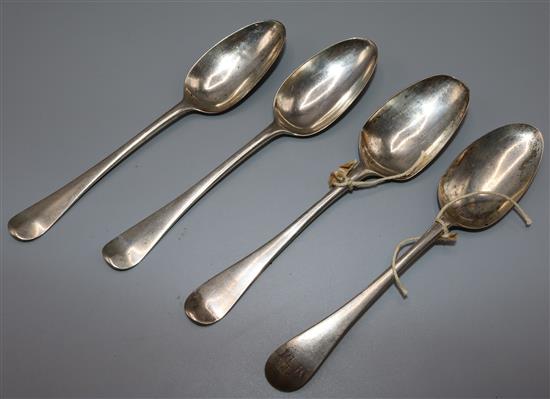 Four George II Hanover pattern silver tablespoons (marks indistinct)